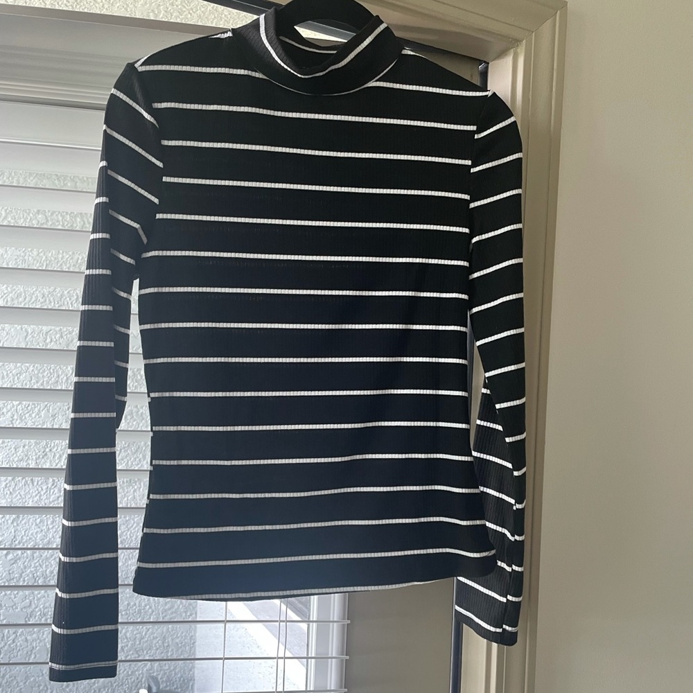 Black and white striped mock neck